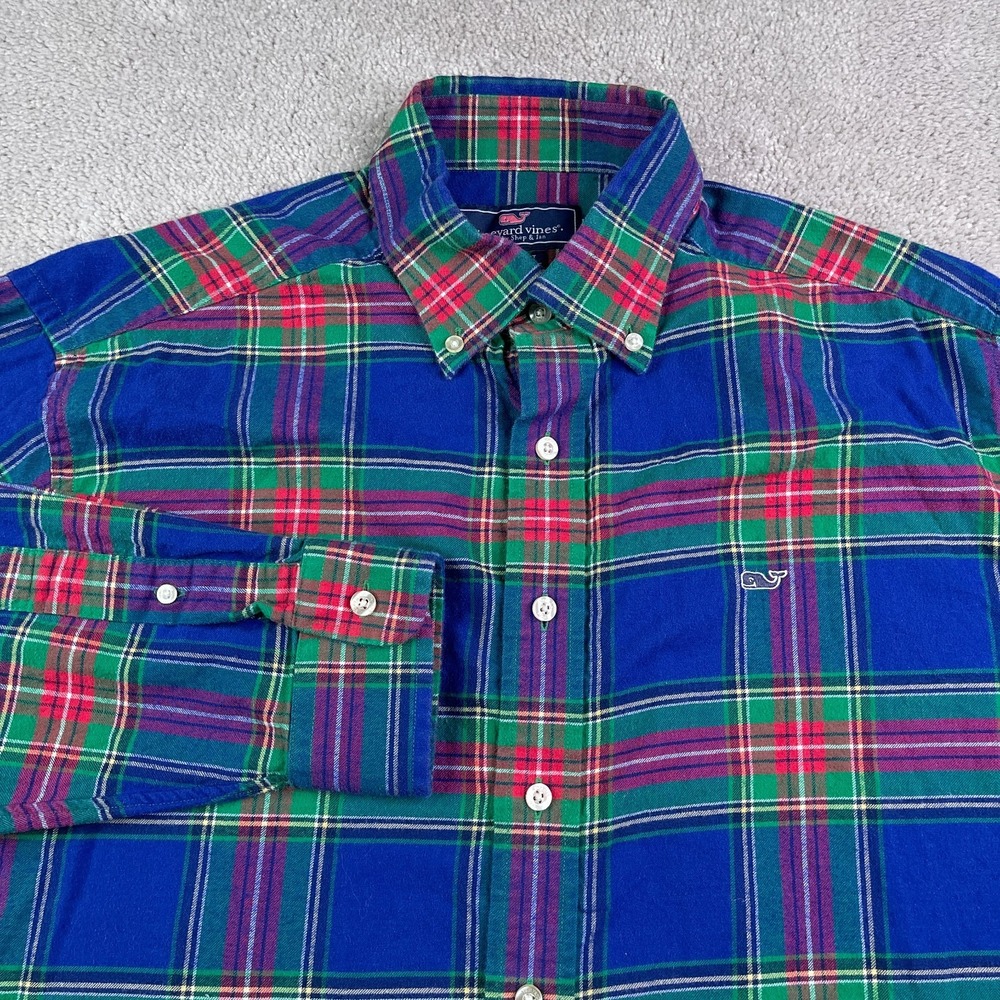 Vineyard Vines Shirt Mens Large Blue Plaid Flannel Whale Preppy Coastal‎
